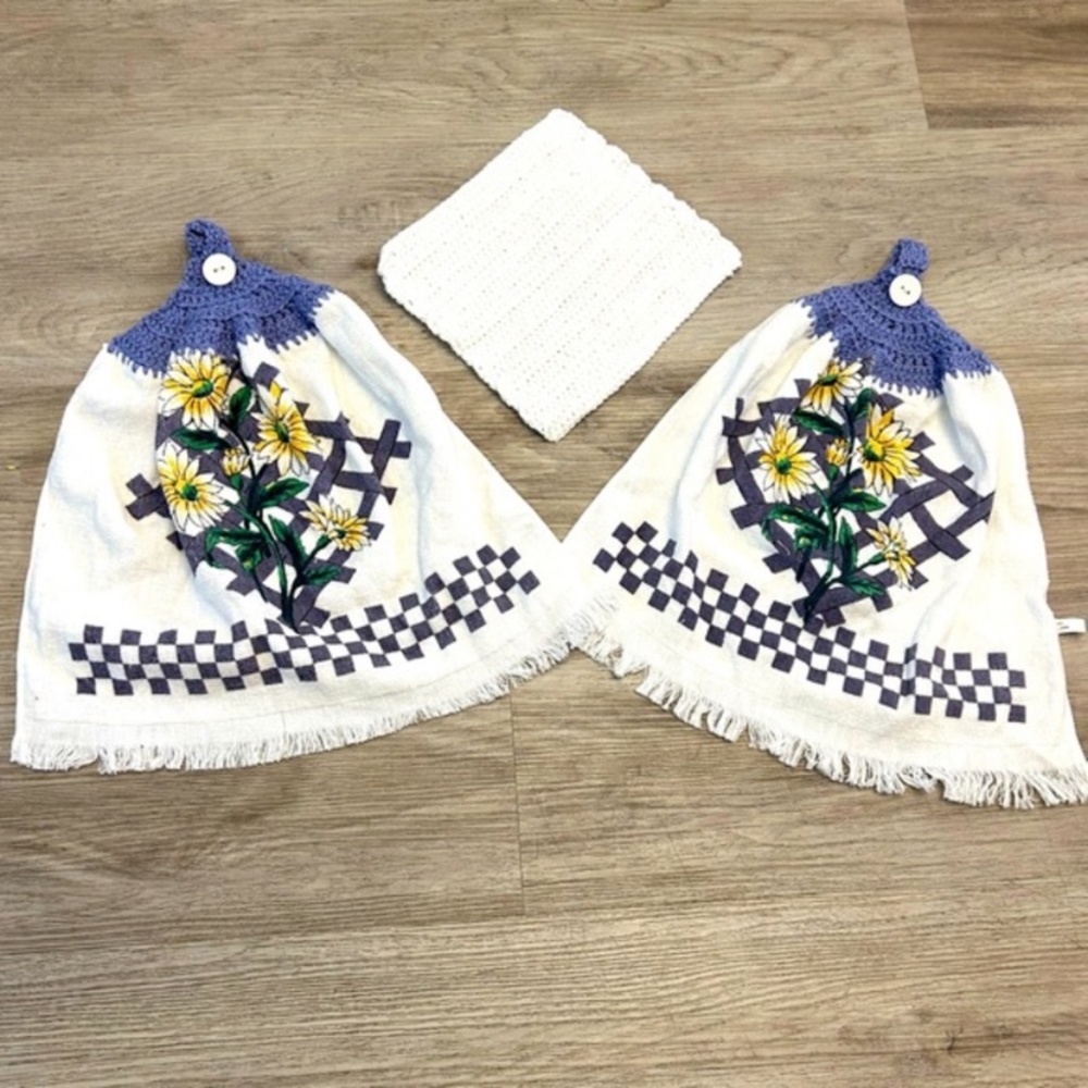Handmade vintage dish towels cloth with crochet tops to hang on cupboard handles